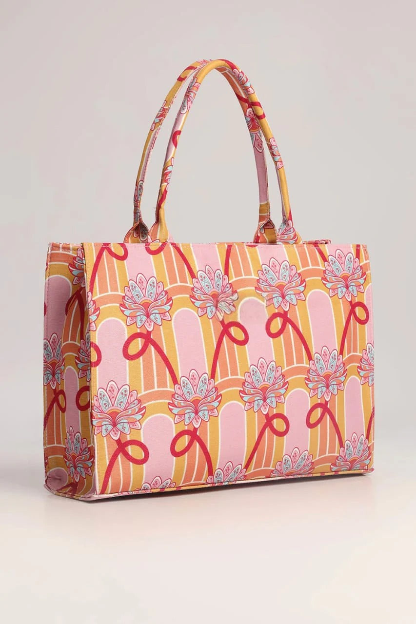 CANVAS TOTE 30 – Pink Ribbon Print Ladies Tote Bag with Adjustable Strap | Stylish, Spacious & Everyday-Ready